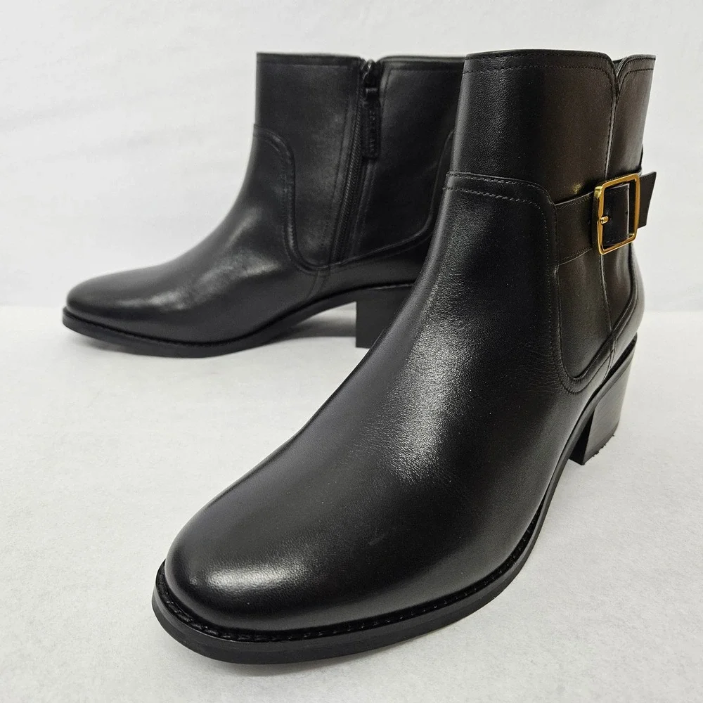 Cole Haan Thayer‎ Buckle Ankle Boots W31762 Black Leather Women's Size 9.5